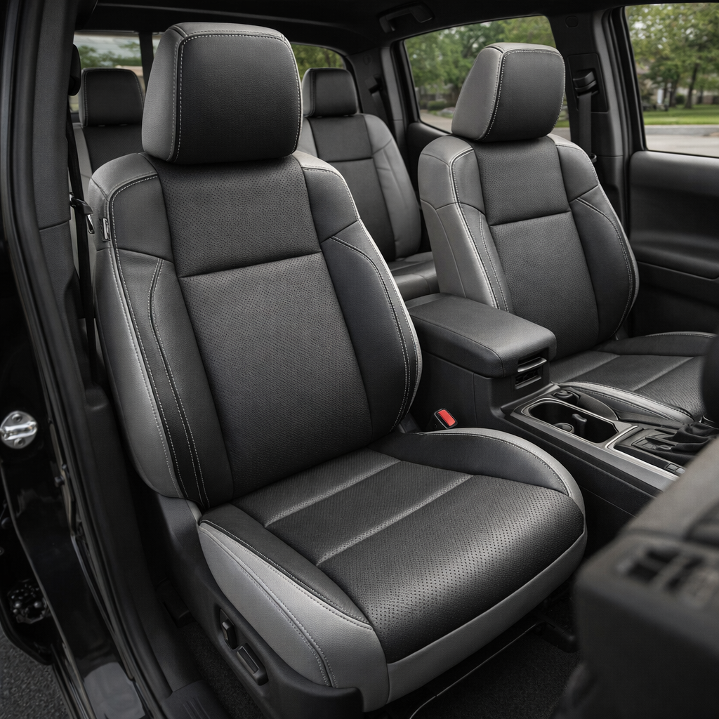 Front in-cabin view of a 2016–2023 Toyota Tacoma with an installed Leatherteck leather upholstery kit in light grey with black facing panels, featuring black perforated center inserts and light grey contrast stitching, shown from the open driver-side door with the front bucket seats, headrests, center console/armrest, cupholders, rear bench seat, door panel, and black interior trim visible.