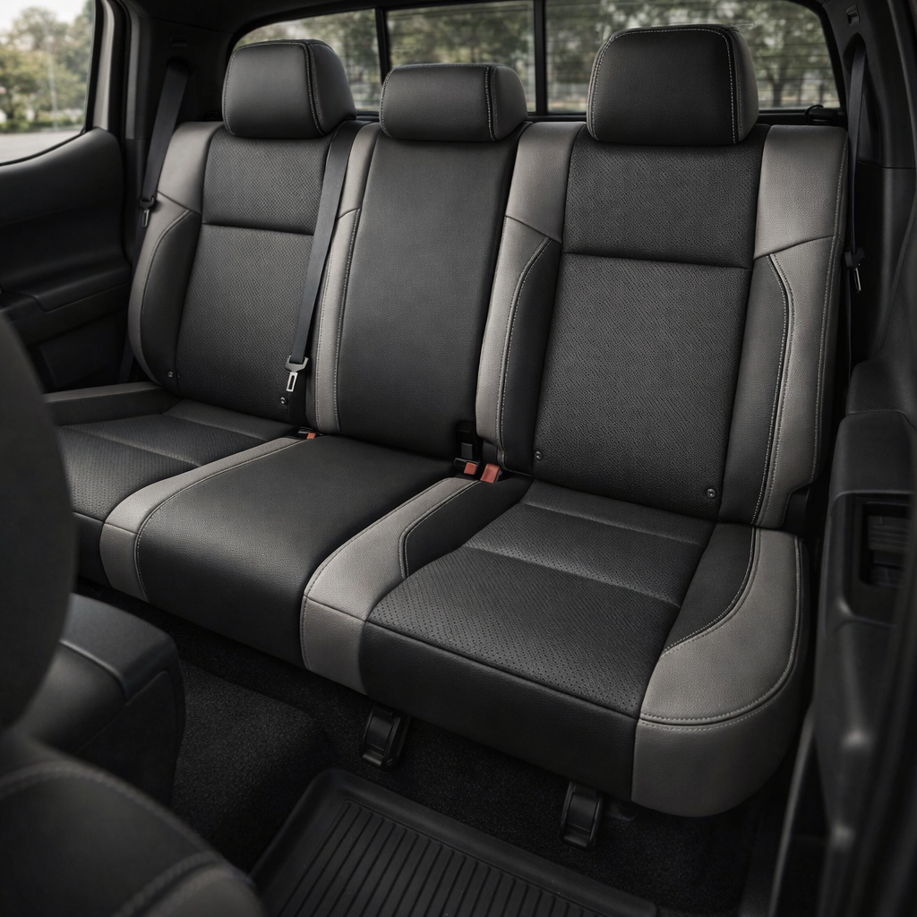 Rear in-cabin view of a 2016–2023 Toyota Tacoma with an installed Leatherteck leather upholstery kit in light grey with black facing panels, featuring black perforated center inserts and light grey contrast stitching, shown through the open rear door with the rear bench seat, three headrests, seatbelts/buckles, front seatbacks, rear window, door panel, and black all-weather floor mat visible.