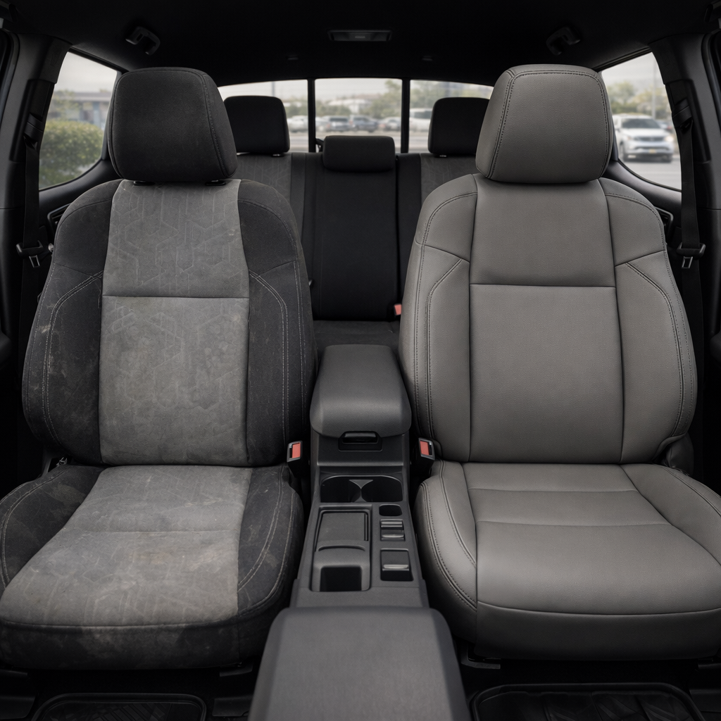 Before-and-after front in-cabin view of a 2016–2023 Toyota Tacoma split by seats: the left front seat shows the factory gray cloth upholstery, while the right front seat shows the upgraded Leatherteck leather upholstery kit in light grey with black stitching, with the center console, armrest, cupholders, rear bench seat, headrests, rear window, seatbelt buckles, door panels, and black floor mats visible.