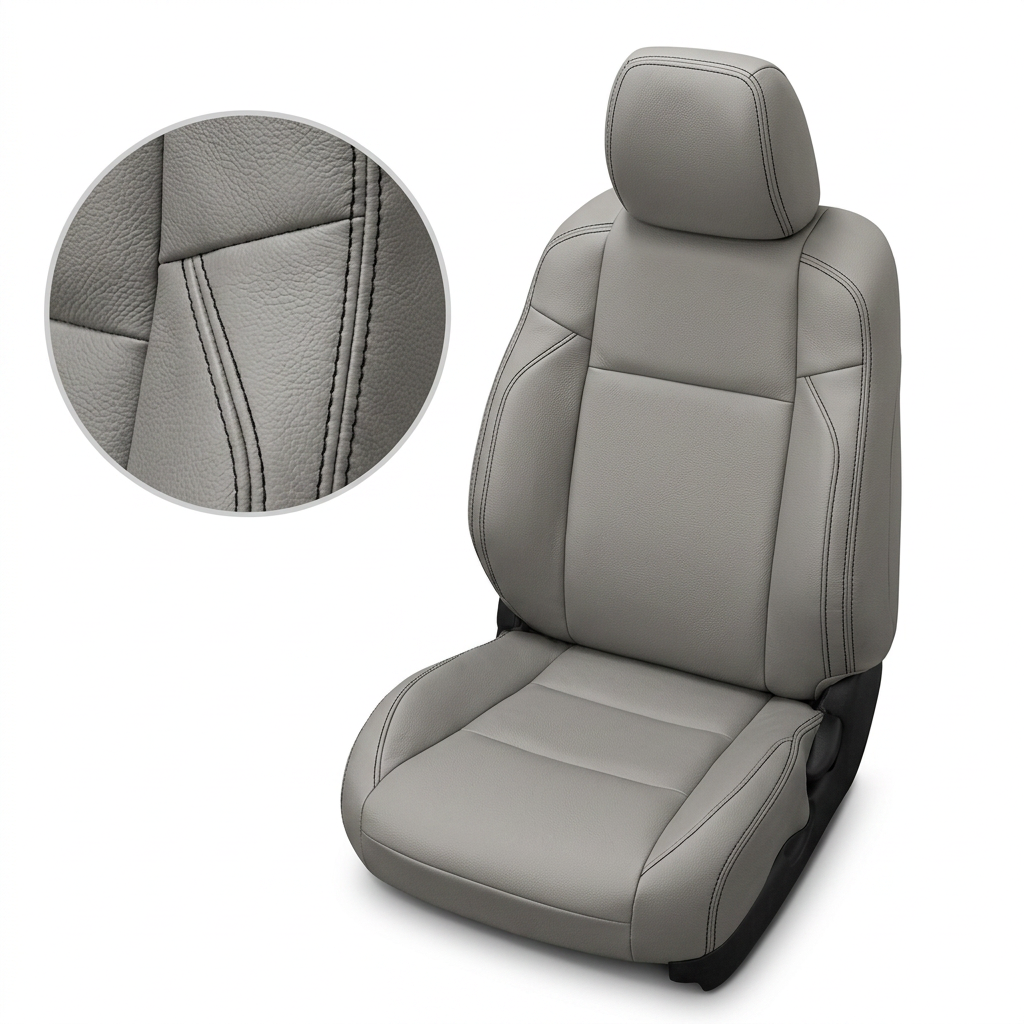  Close-up product image of a 2016–2023 Toyota Tacoma Leatherteck leather upholstery kit in light grey with black stitching, shown on a white background with a circular zoom inset highlighting the leather grain, panel seam layout, and double-stitched black seam detail.