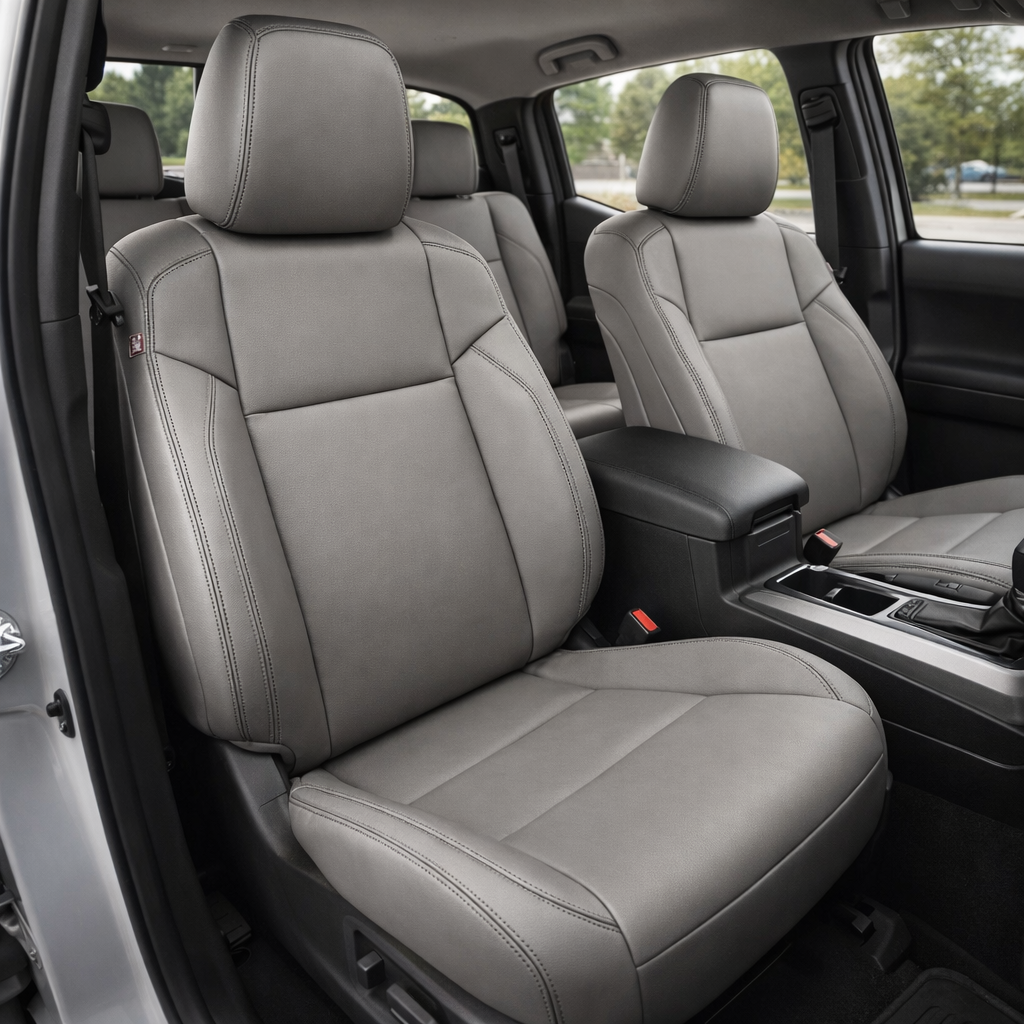 Front in-cabin view of a 2016–2023 Toyota Tacoma with an installed Leatherteck leather upholstery kit in light grey featuring black stitching, shown from the open driver-side door with the front bucket seats, headrests, center console/armrest, cupholders, gear shifter, rear bench seat, door panel, and black floor mat visible.