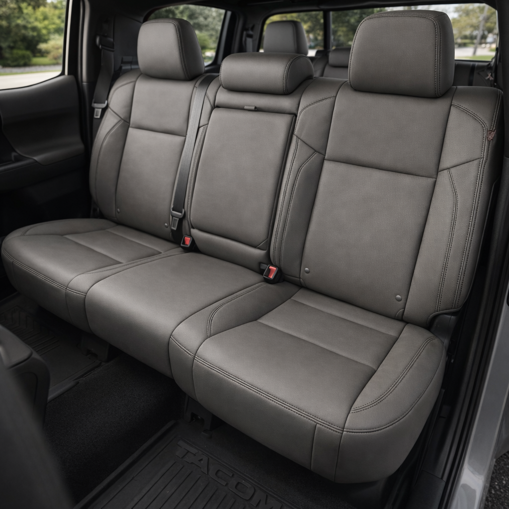 Rear in-cabin view of a 2016–2023 Toyota Tacoma with an installed Leatherteck leather upholstery kit in light grey featuring black stitching, shown through the open rear door with the rear bench seat, three headrests, seatbelts/buckles, front seatback, rear door panel, and black Tacoma floor mat visible.