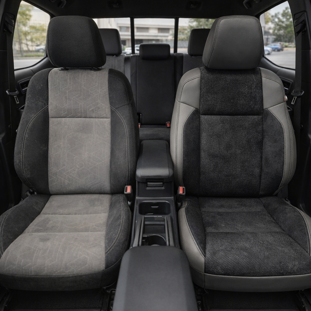  Before-and-after front in-cabin view of a 2016–2023 Toyota Tacoma split side-by-side: the left front seat shows the factory gray and black cloth upholstery, while the right front seat shows the upgraded Leatherteck leather upholstery kit in Light Grey with Black suede inserts, with the center console, cupholders, rear bench seat, headrests, seatbelts, rear window, and black interior trim visible.