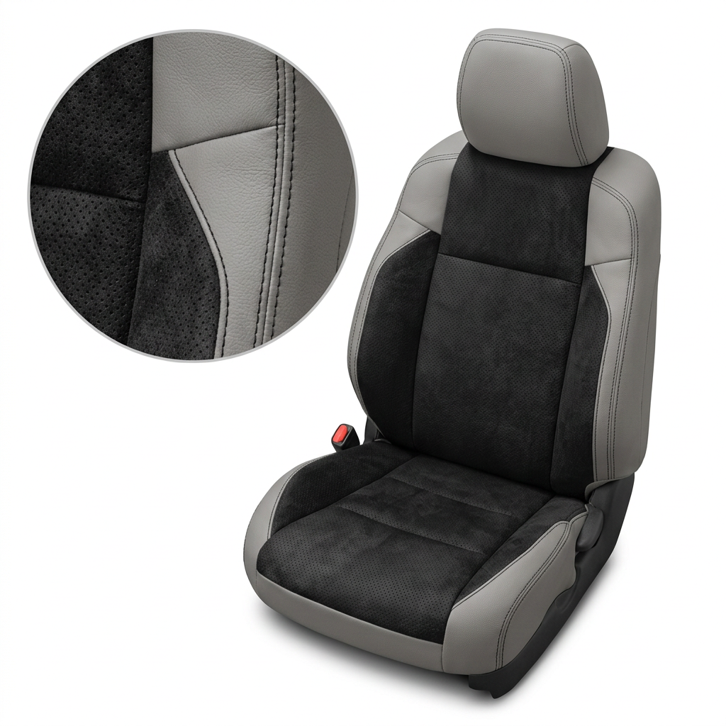  Close-up product image of a 2016–2023 Toyota Tacoma Leatherteck leather upholstery kit in Light Grey with Black suede inserts, shown on a white background with a circular zoom inset highlighting the black perforated suede texture, light grey leather grain, panel seam layout, and double-stitched seam detail.