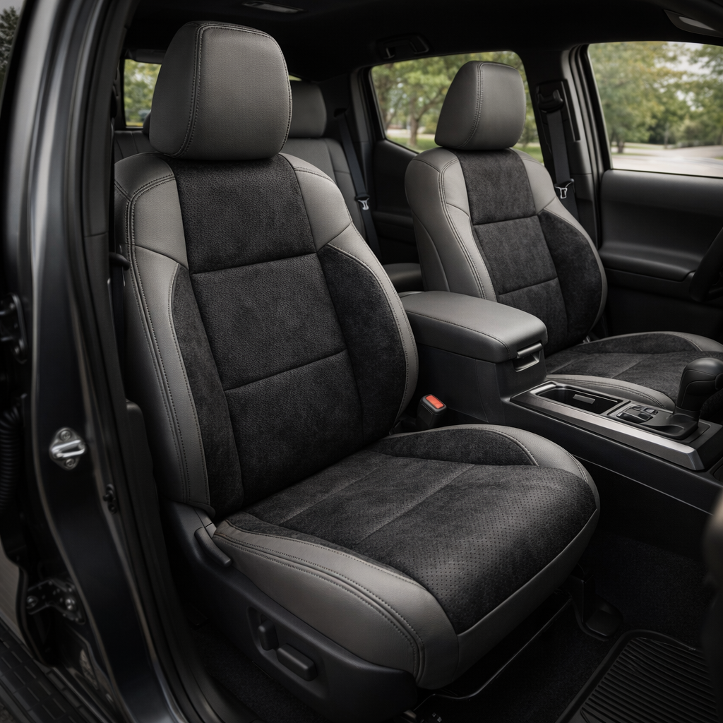  Front in-cabin view of a 2016–2023 Toyota Tacoma with an installed Leatherteck leather upholstery kit in Light Grey with Black suede inserts, shown from the open driver-side door with the front bucket seats, headrests, center console/armrest, cupholders, gear shifter, rear bench seat, door panel, and black floor liner visible.