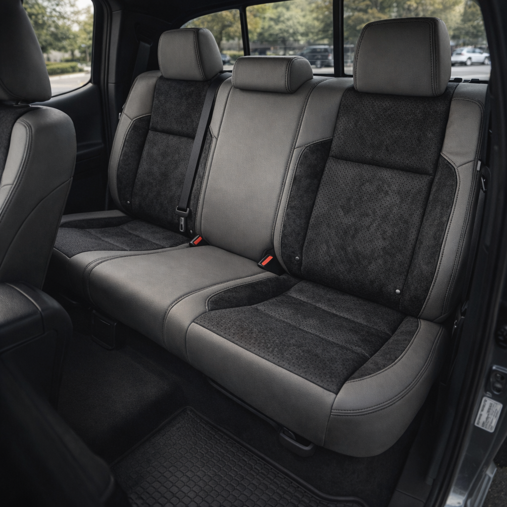  Rear in-cabin view of a 2016–2023 Toyota Tacoma with an installed Leatherteck leather upholstery kit in Light Grey with Black suede inserts, shown through the open rear door with the rear bench seat, three headrests, seatbelts/buckles, front seatback edge, rear door panel, and black floor liner visible.