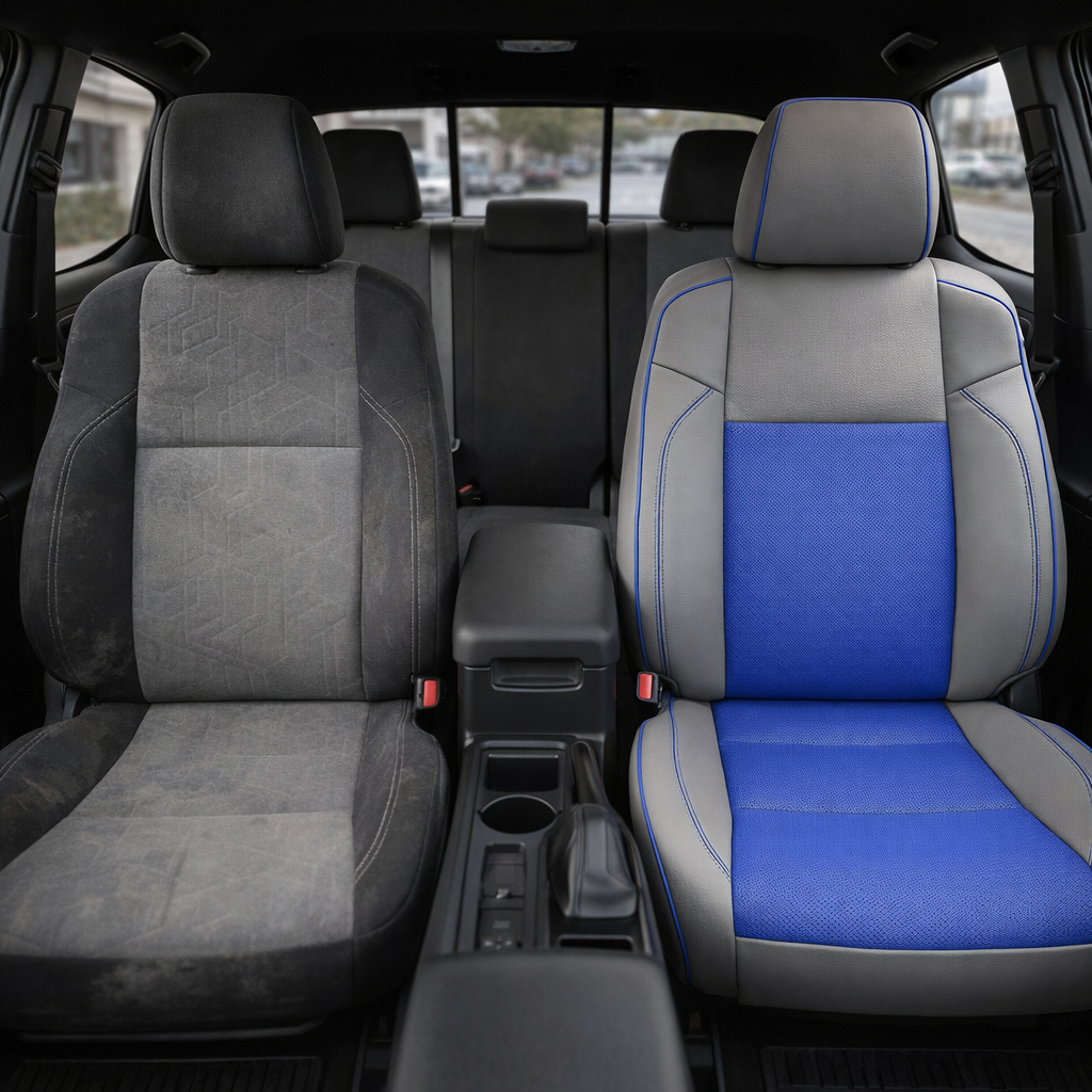 Before-and-after front in-cabin view of a 2016–2023 Toyota Tacoma split by seats: the left front seat shows the factory gray cloth upholstery, while the right front seat shows the upgraded Leatherteck leather upholstery kit in light grey with cobalt blue front-facing inserts, cobalt blue perforated seat cushion insert, and cobalt blue contrast stitching/piping, with the center console, cupholders, gear shifter, armrest, rear bench seat, headrests, seatbelt buckles, rear window, and black floor mats visible.