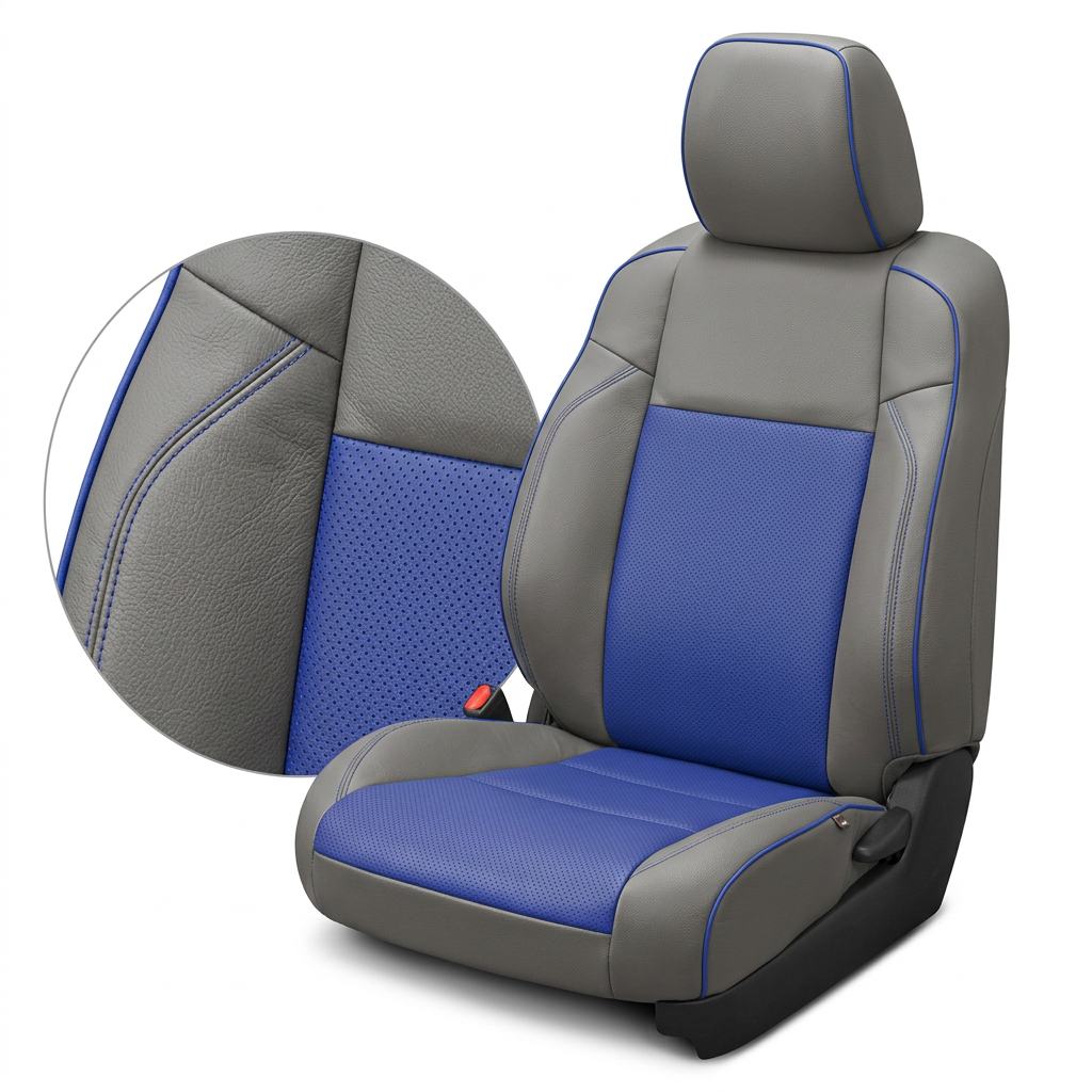  Close-up product image of a 2016–2023 Toyota Tacoma Leatherteck leather upholstery kit in light grey with cobalt blue perforated center inserts, cobalt blue seat cushion insert, and cobalt blue contrast stitching/piping, shown on a white background with a circular zoom inset highlighting the leather grain, perforation pattern, blue piping, and double-stitched seam detail.

