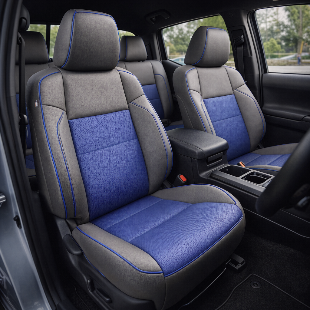 Front in-cabin view of a 2016–2023 Toyota Tacoma with an installed Leatherteck leather upholstery kit in light grey featuring cobalt blue perforated center inserts, cobalt blue seat cushion inserts, and cobalt blue contrast stitching/piping, shown from the open driver-side door with the front bucket seats, headrests, center console/armrest, cupholders, rear bench seat, door panel, and black floor mat visible.

