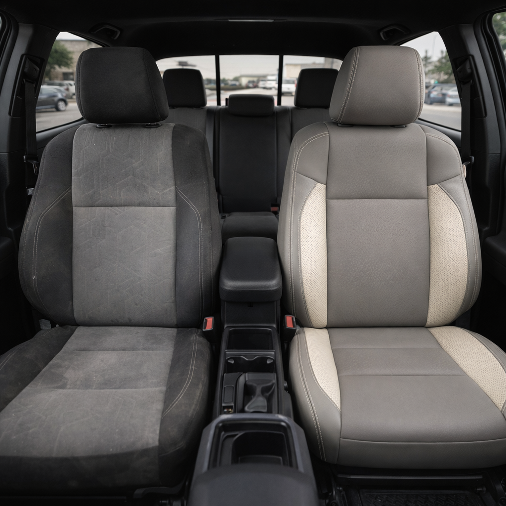 Before-and-after front in-cabin view of a 2016–2023 Toyota Tacoma split by seats: the left front seat shows the factory gray and black cloth upholstery, while the right front seat shows the upgraded Leatherteck leather upholstery kit in light grey with pearl white perforated inserts and light grey contrast stitching, with the center console, cupholders, gear shifter, rear bench seat, headrests, seatbelts, rear window, and black interior trim visible.