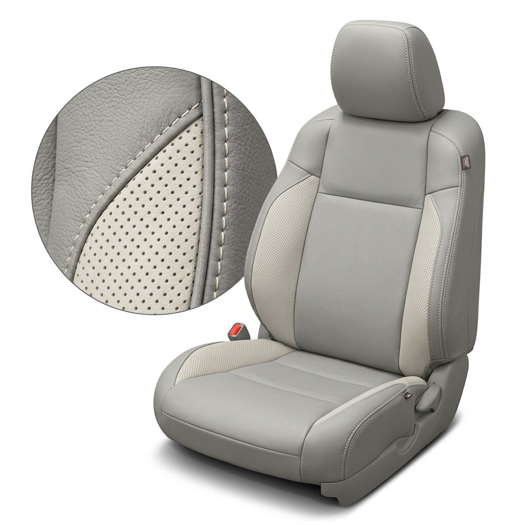 Close-up product image of a 2016–2023 Toyota Tacoma Leatherteck leather upholstery kit in light grey with pearl white perforated inserts and light grey contrast stitching, shown on a white background with a circular zoom inset highlighting the leather grain, pearl white perforation pattern, and double-stitched seam detail.