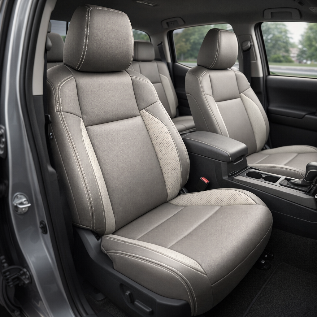 Front in-cabin view of a 2016–2023 Toyota Tacoma with an installed Leatherteck leather upholstery kit in light grey with pearl white perforated inserts and light grey contrast stitching, shown from the open driver-side door with the front bucket seats, headrests, center console/armrest, cupholders, gear shifter, rear bench seat, door panel, and black floor mat visible.