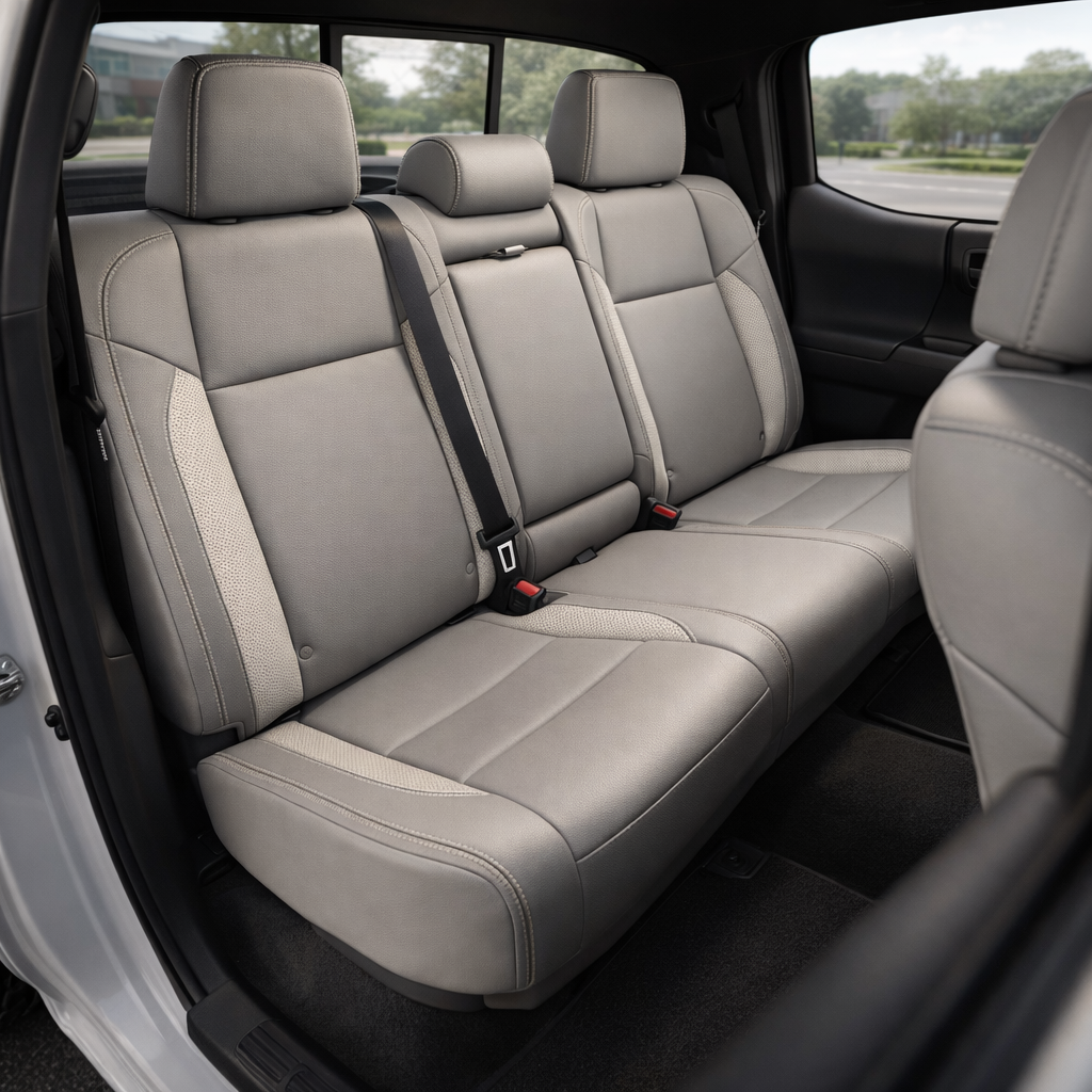 Rear in-cabin view of a 2016–2023 Toyota Tacoma with an installed Leatherteck leather upholstery kit in light grey with pearl white perforated inserts and light grey contrast stitching, shown through the open rear door with the rear bench seat, three headrests, seatbelts/buckles, front seatback, rear door panel, rear window, and black floor mat visible.