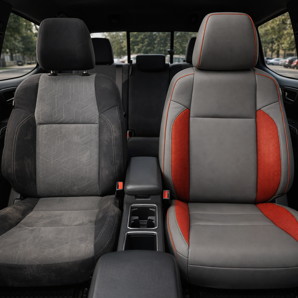 Before-and-after front in-cabin view of a 2016–2023 Toyota Tacoma split by seats: the left front seat shows the original factory gray cloth upholstery, while the right front seat shows the upgraded Leatherteck leather upholstery kit in light grey with red carbon fiber accent inserts, red contrast piping/stitching, and textured center panels, with the center console, cupholders, armrest, rear bench seat, headrests, seatbelt buckles, rear window, and black floor mats visible.