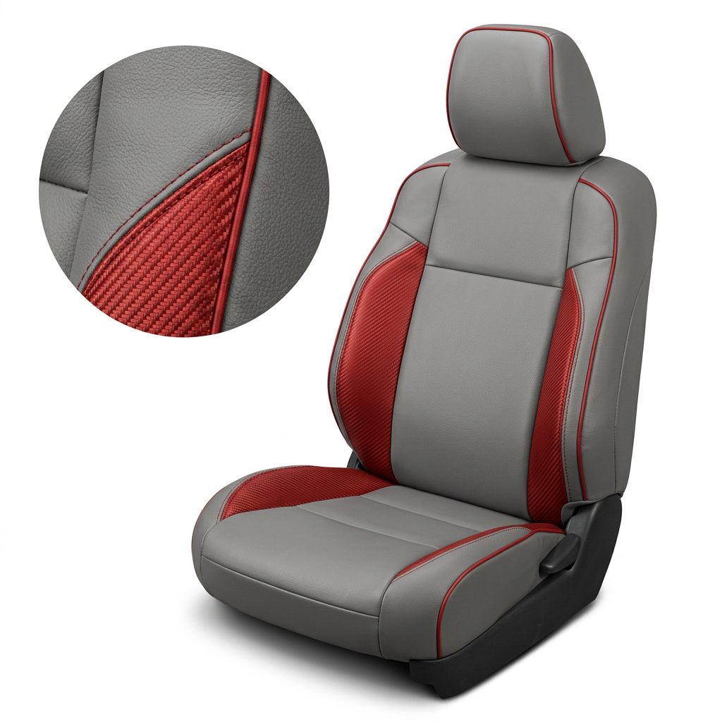 Close-up product image of a 2016–2023 Toyota Tacoma Leatherteck leather upholstery kit in light grey with red carbon fiber-style accent panels, red contrast stitching, and red edge piping, shown on a white background with a circular zoom inset highlighting the leather grain, red carbon fiber texture, stitched seam detail, and piping along the seat edge.