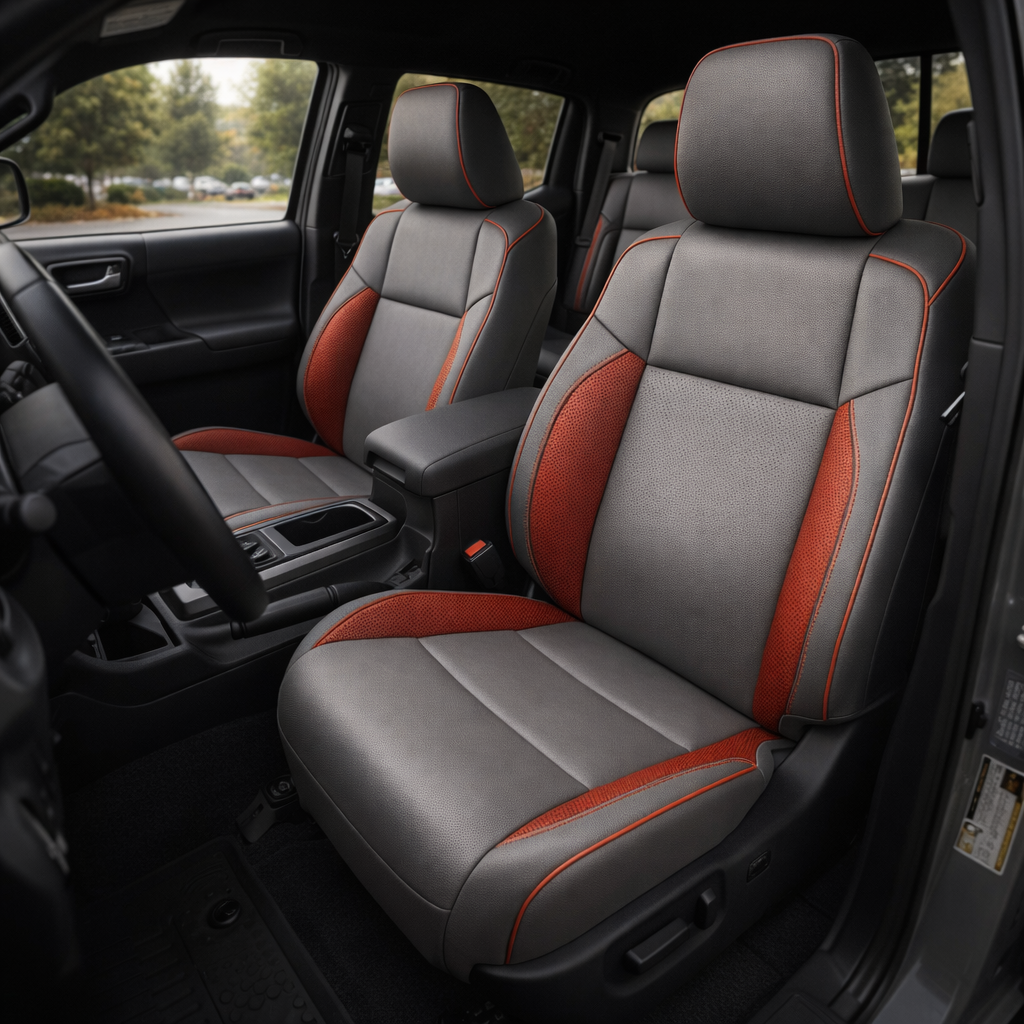 Front in-cabin view of a 2016–2023 Toyota Tacoma with an installed Leatherteck leather upholstery kit in light grey featuring red carbon fiber-style accent panels, red contrast stitching/piping, and textured center inserts, shown from the open driver-side door with the front bucket seats, headrests, center console/armrest, cupholders, steering wheel, door panel, rear seating area, and black floor mat visible.