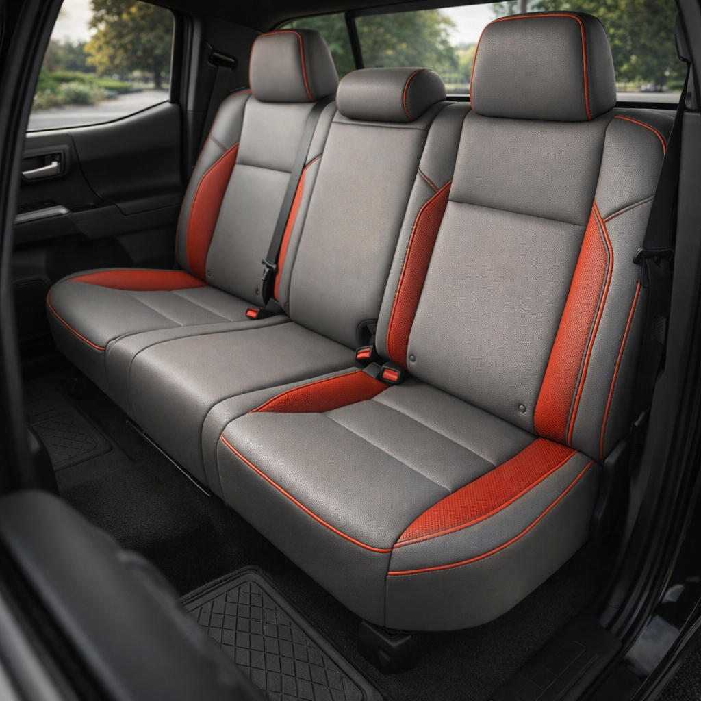 Rear in-cabin view of a 2016–2023 Toyota Tacoma with an installed Leatherteck leather upholstery kit in light grey featuring red carbon fiber-style accent panels, red contrast stitching/piping, and textured insert details, shown through the open rear door with the rear bench seat, three headrests, seatbelts/buckles, rear door panel, and black floor mats visible.