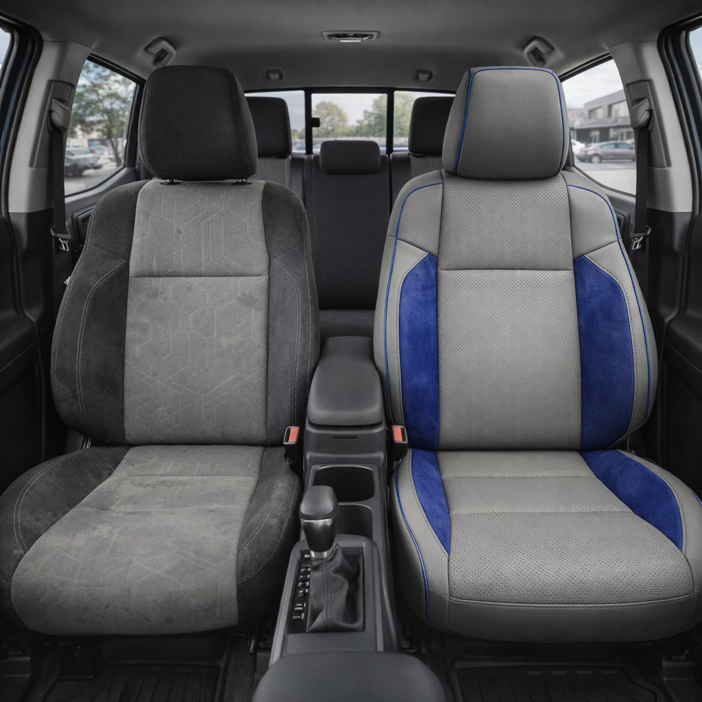 Before-and-after front in-cabin view of a 2016–2023 Toyota Tacoma split by seats: the left front seat shows the factory gray cloth upholstery, while the right front seat shows the upgraded Leatherteck leather upholstery kit in light grey with sapphire blue suede accent panels, perforated light grey center inserts, and sapphire blue contrast piping/stitching, with the center console, cupholders, gear shifter, armrest, rear bench seat, headrests, seatbelts, door panels, and black floor mats visible.