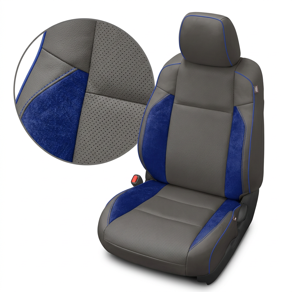 Close-up product image of a 2016–2023 Toyota Tacoma Leatherteck leather upholstery kit in light grey with sapphire blue suede accent panels, perforated light grey center inserts, and sapphire blue contrast piping/stitching, shown on a white background with a circular zoom inset highlighting the suede texture, leather grain, perforation pattern, and stitched seam detail.