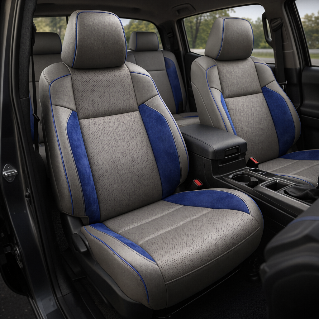 Front in-cabin view of a 2016–2023 Toyota Tacoma with an installed Leatherteck leather upholstery kit in light grey featuring sapphire blue suede accent panels, perforated light grey center inserts, and sapphire blue contrast piping/stitching, shown from the open driver-side door with the front bucket seats, headrests, center console/armrest, cupholders, gear shifter, rear bench seat, door panel, and black floor mat visible.