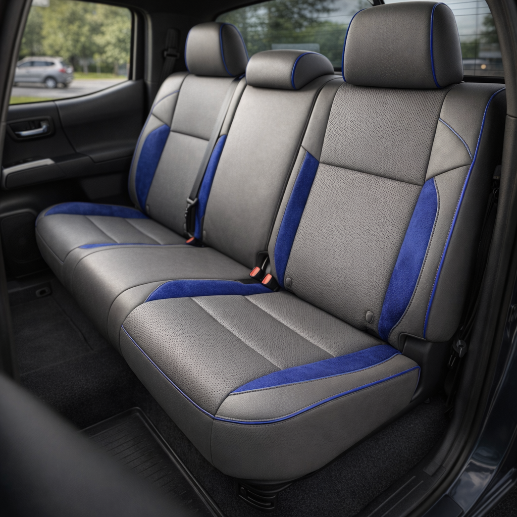 Rear in-cabin view of a 2016–2023 Toyota Tacoma with an installed Leatherteck leather upholstery kit in light grey featuring sapphire blue suede accent panels, perforated light grey center inserts, and sapphire blue contrast piping/stitching, shown through the open rear door with the rear bench seat, three headrests, seatbelts/buckles, rear door panel, and black floor mat visible.