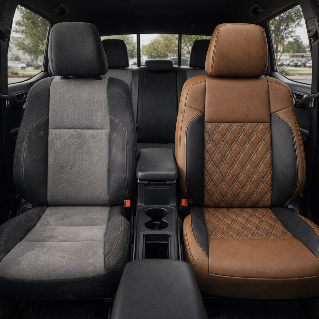 Before-and-after front in-cabin view of a 2016–2023 Toyota Tacoma split side-by-side: the left front seat shows the factory gray cloth upholstery, while the right front seat shows the upgraded Leatherteck leather upholstery kit in Walnut with Black side accent panels and Black diamond-stitched center inserts, with the center console, cupholders, rear bench seat, headrests, seatbelts, rear window, and black interior trim visible.

