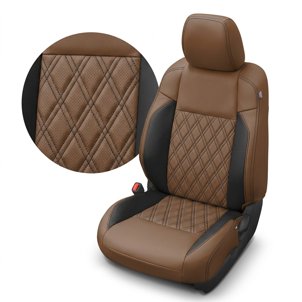 Close-up product image of a 2016–2023 Toyota Tacoma Leatherteck leather upholstery kit in Walnut with Black side accent panels and Black diamond-stitched center inserts, shown on a white background with a circular zoom inset highlighting the perforated Walnut leather grain, diamond stitch pattern, and dark seam detail.

