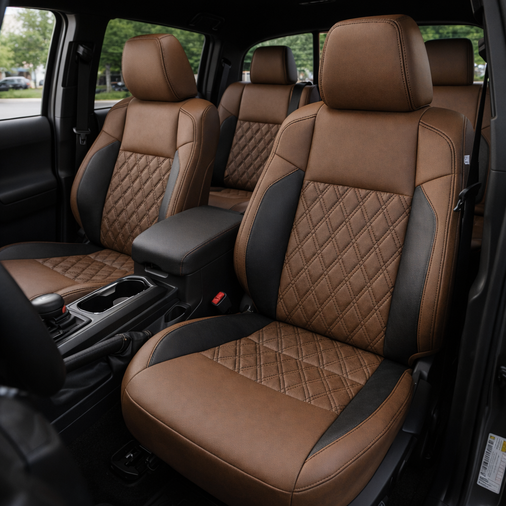 Front in-cabin view of a 2016–2023 Toyota Tacoma with an installed Leatherteck leather upholstery kit in Walnut with Black side accent panels and Black diamond-stitched center inserts, shown from the open driver-side door with the front bucket seats, headrests, center console/armrest, cupholders, gear shifter, rear bench seat, and black interior trim visible.
