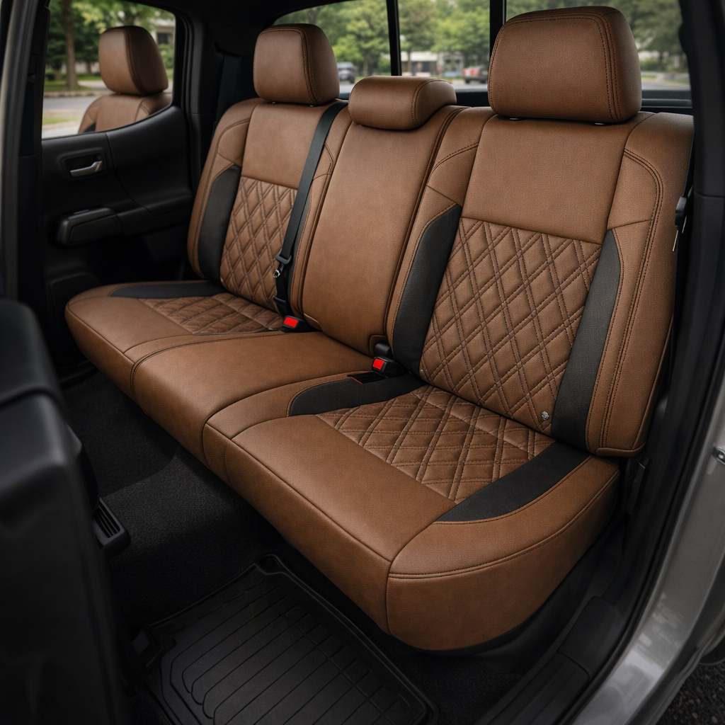 Rear in-cabin view of a 2016–2023 Toyota Tacoma with an installed Leatherteck leather upholstery kit in Walnut with Black side accent panels and Black diamond-stitched center inserts, shown through the open rear door with the rear bench seat, three headrests, seatbelts/buckles, front seatback edge, rear door panel, and black all-weather floor liner visible.