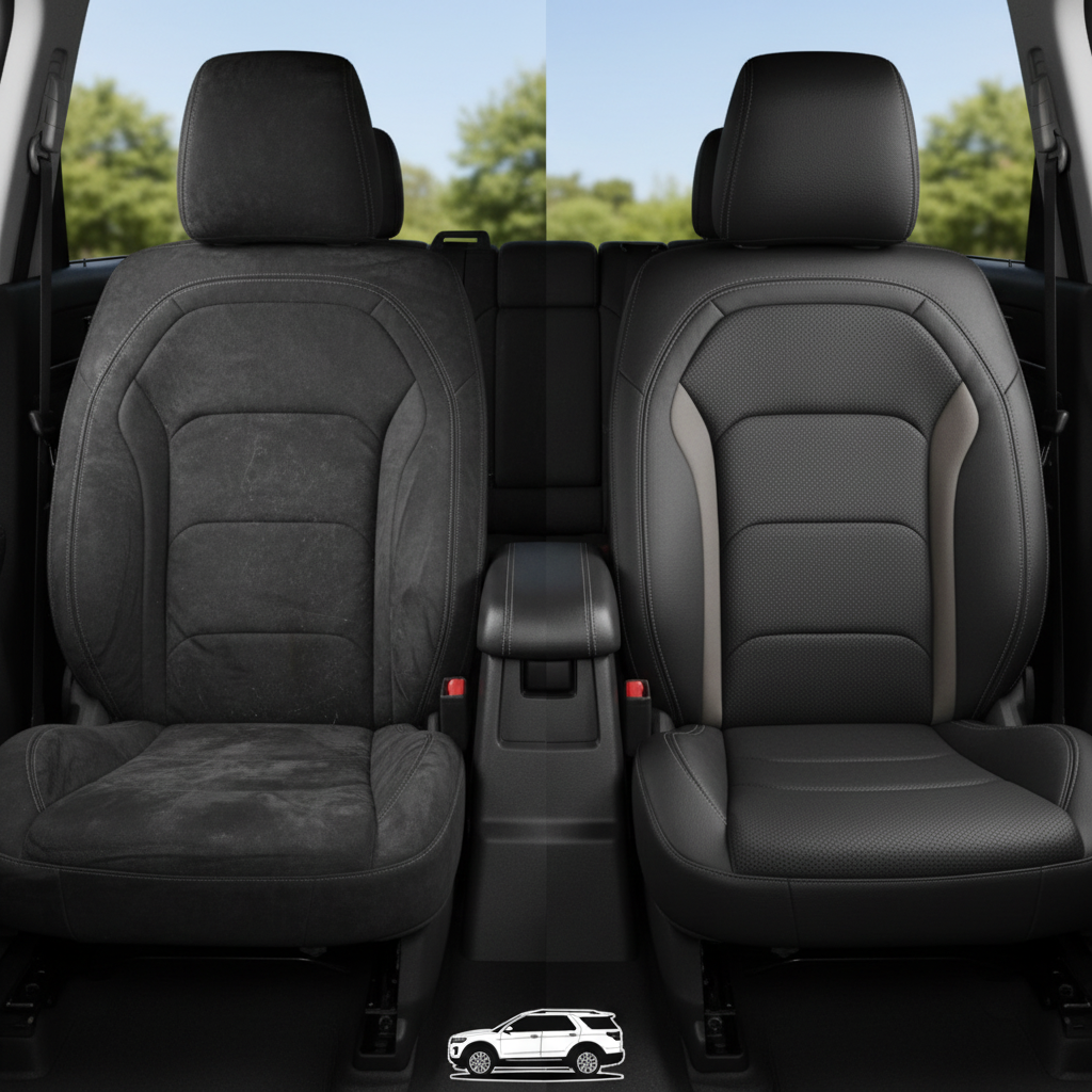 Before-and-after comparison of Chevrolet Camaro front seats, showing original cloth seat upgraded to perforated leather upholstery.

