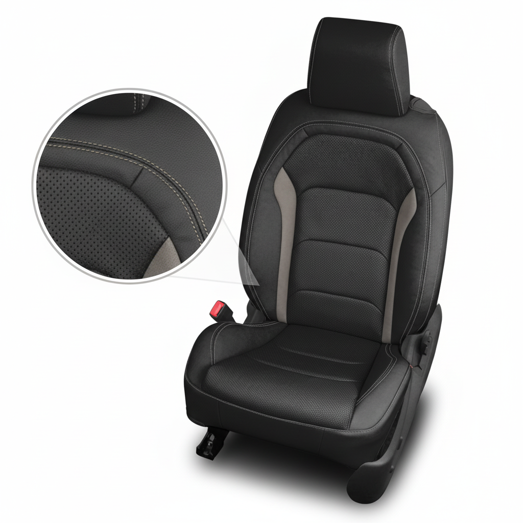 Black car seat cover with detailed texture on a white background