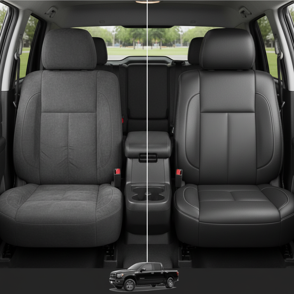 Before-and-after comparison of Nissan Titan front seats, showing cloth seat upgraded to perforated leather upholstery.
