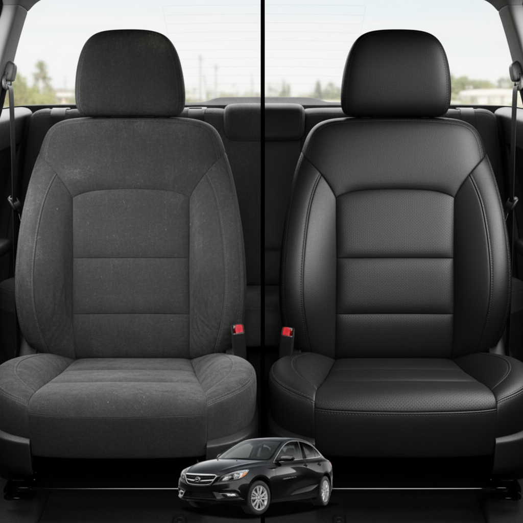 Before-and-after comparison of Chevrolet Malibu front seats, showing original cloth seat upgraded to perforated leather upholstery.
