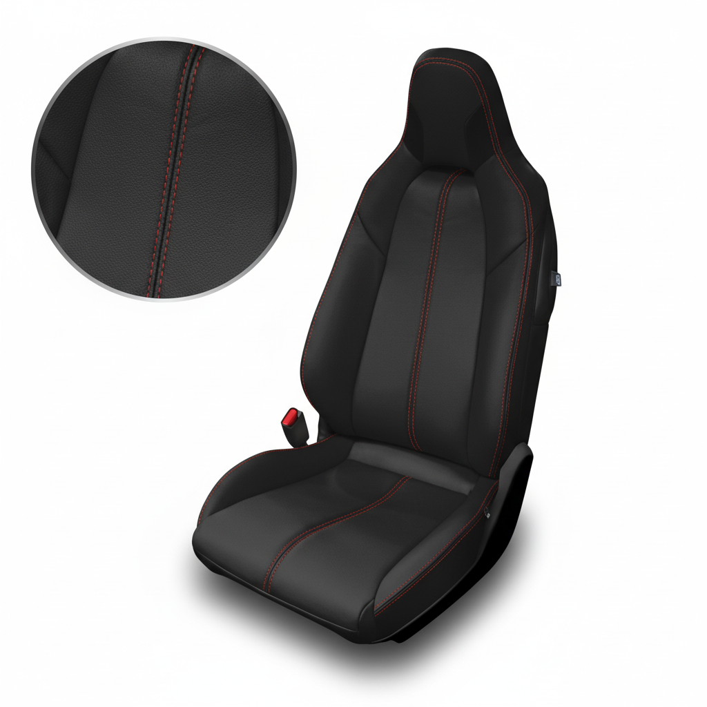 Black car seat with red stitching on a white background