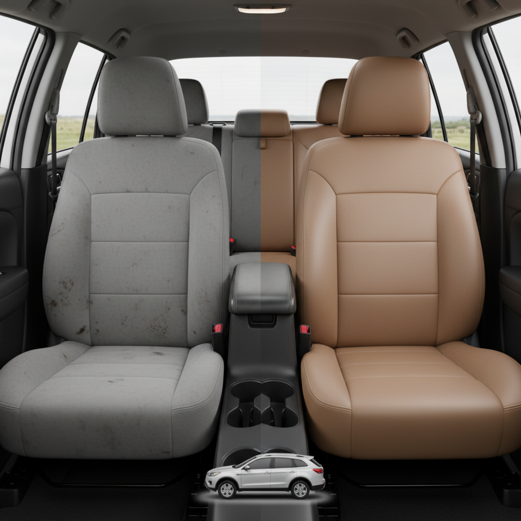 Before-and-after comparison of Volkswagen Golf front seats, showing cloth seat upgraded to perforated leather upholstery.
