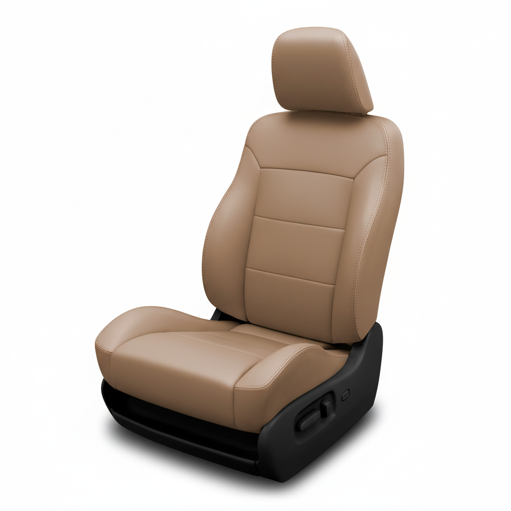 Beige car seat with headrest on a white background