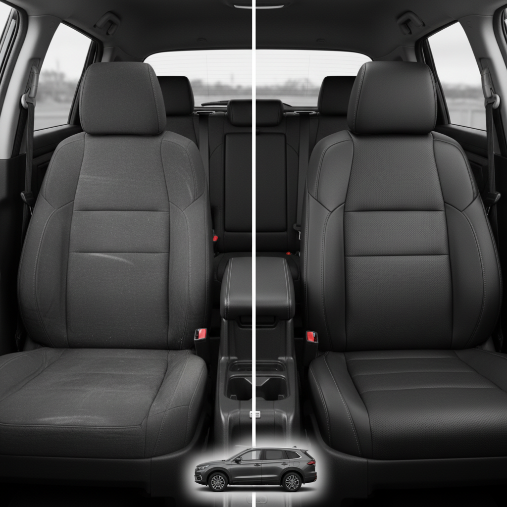 Before-and-after comparison of Infiniti QX30 front seats, showing cloth seat upgraded to perforated leather upholstery.
