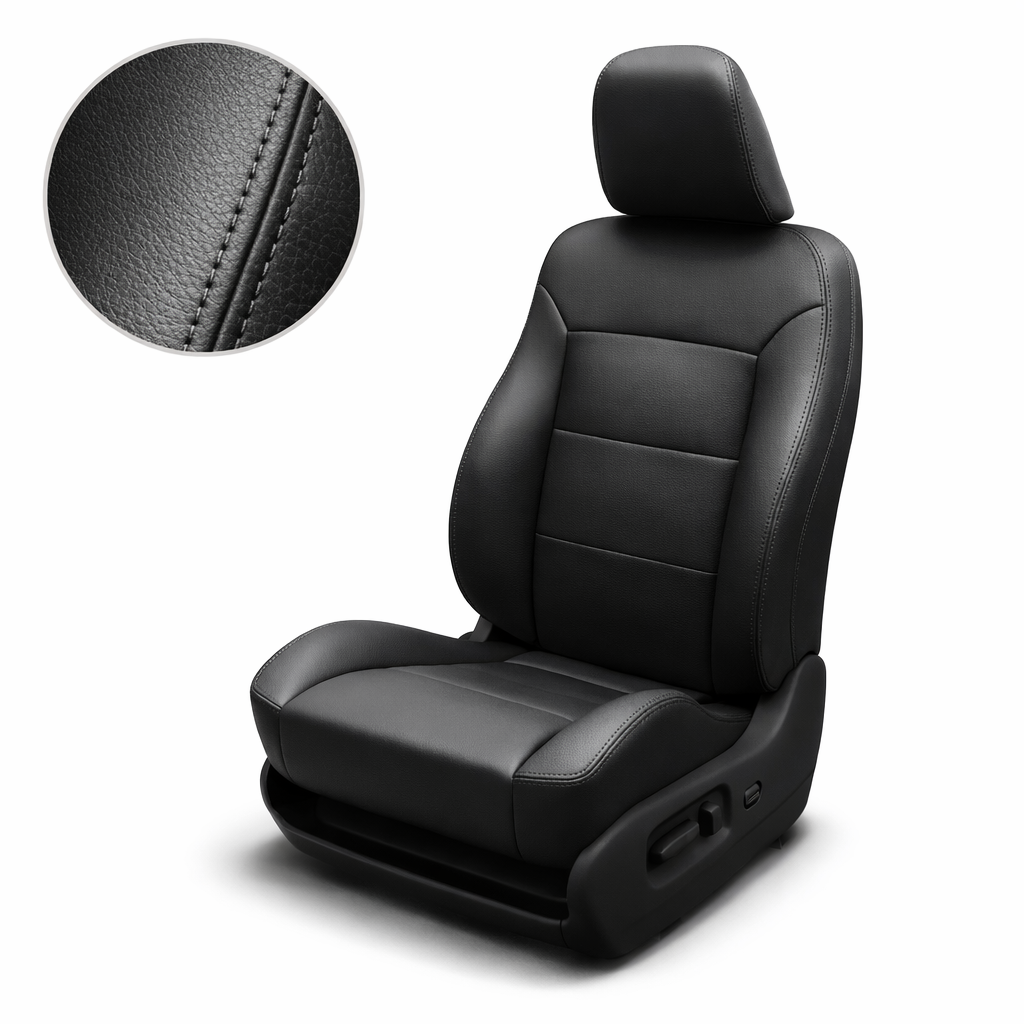 Black car seat with detailed stitching on a white background
