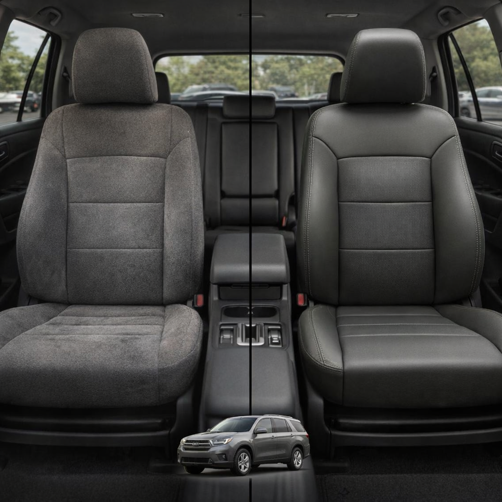 Before-and-after comparison of Fiat 124 front seats, showing cloth seat upgraded to perforated leather upholstery.
