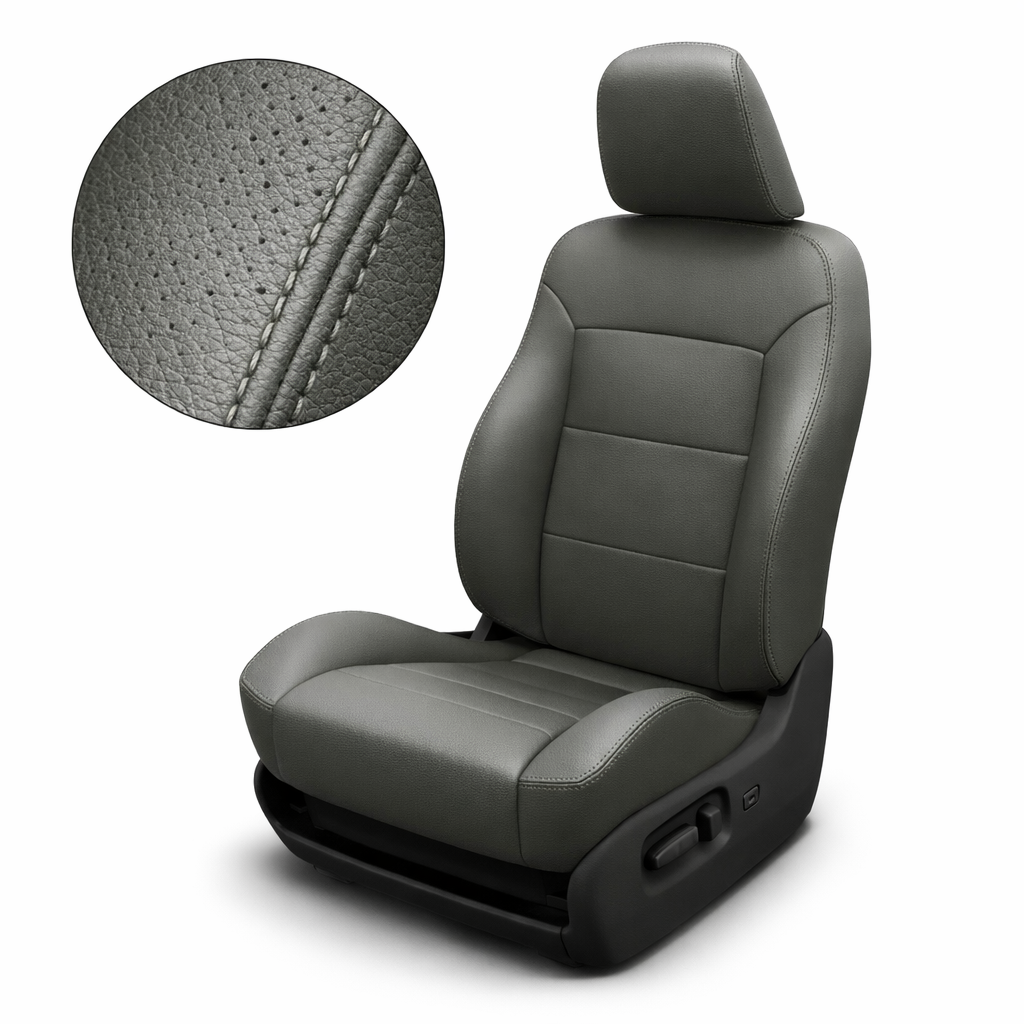 Gray car seat with detailed stitching on a white background