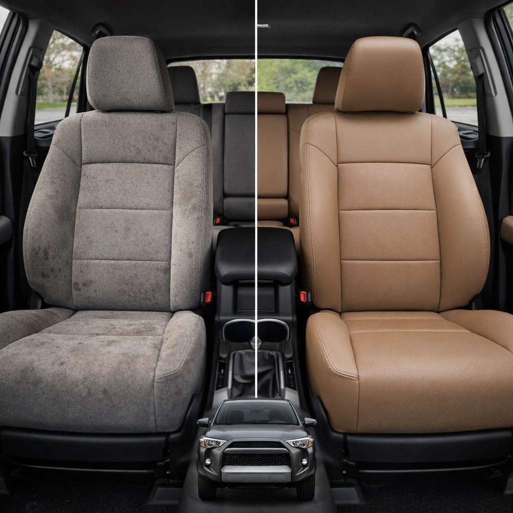 Before-and-after comparison of Fiat 124 front seats, showing cloth seat upgraded to perforated leather upholstery.
