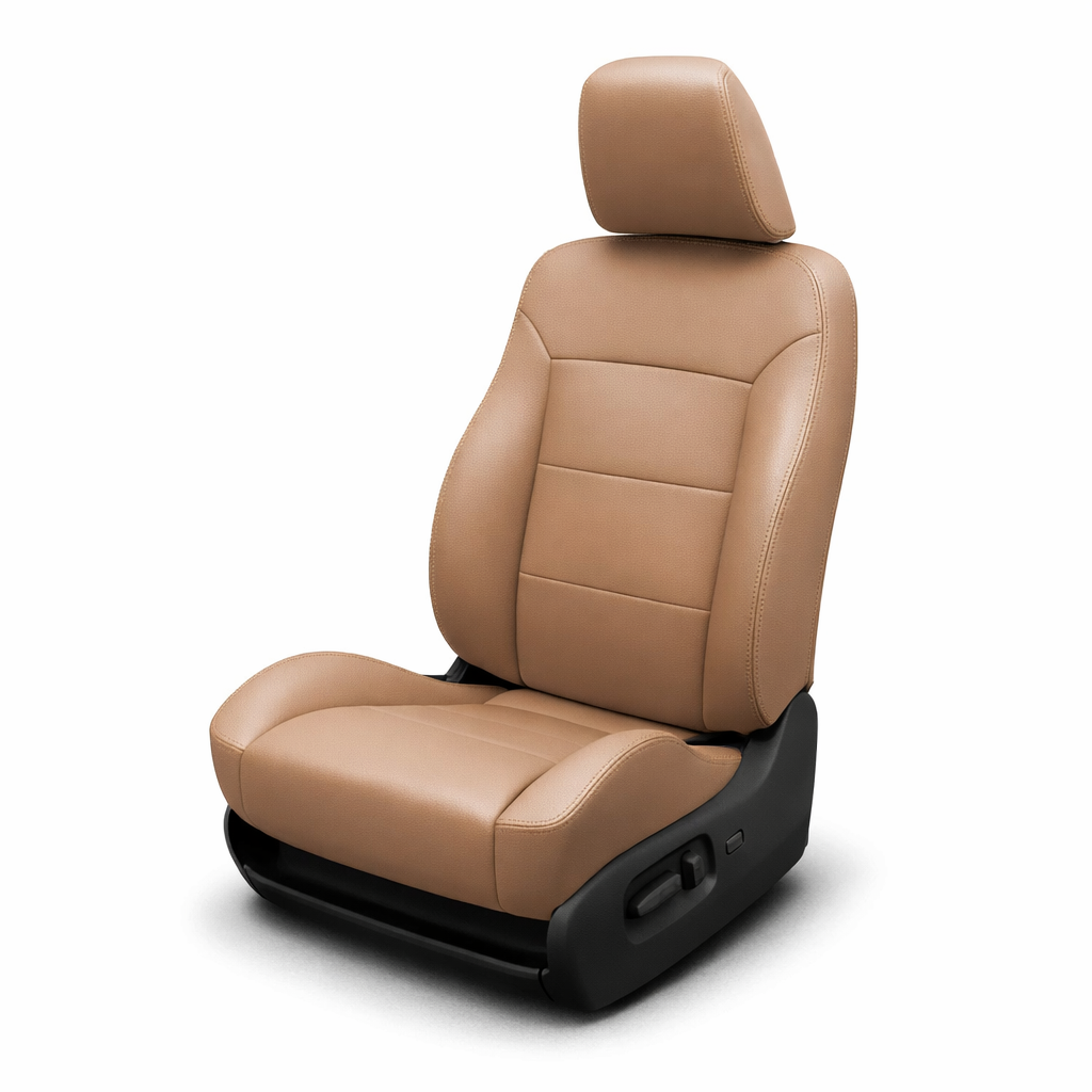 Tan leather car seat with black base on a white background