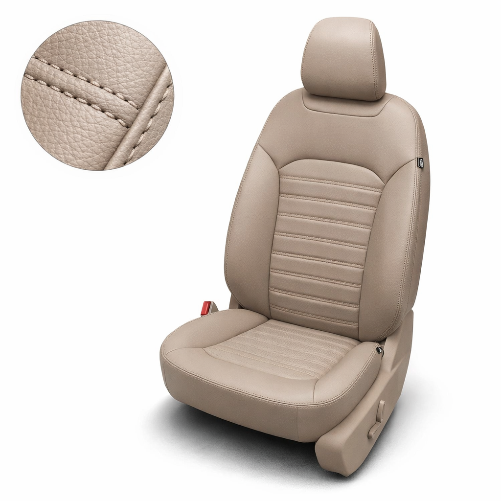 Beige car seat cover with detailed stitching on a white background