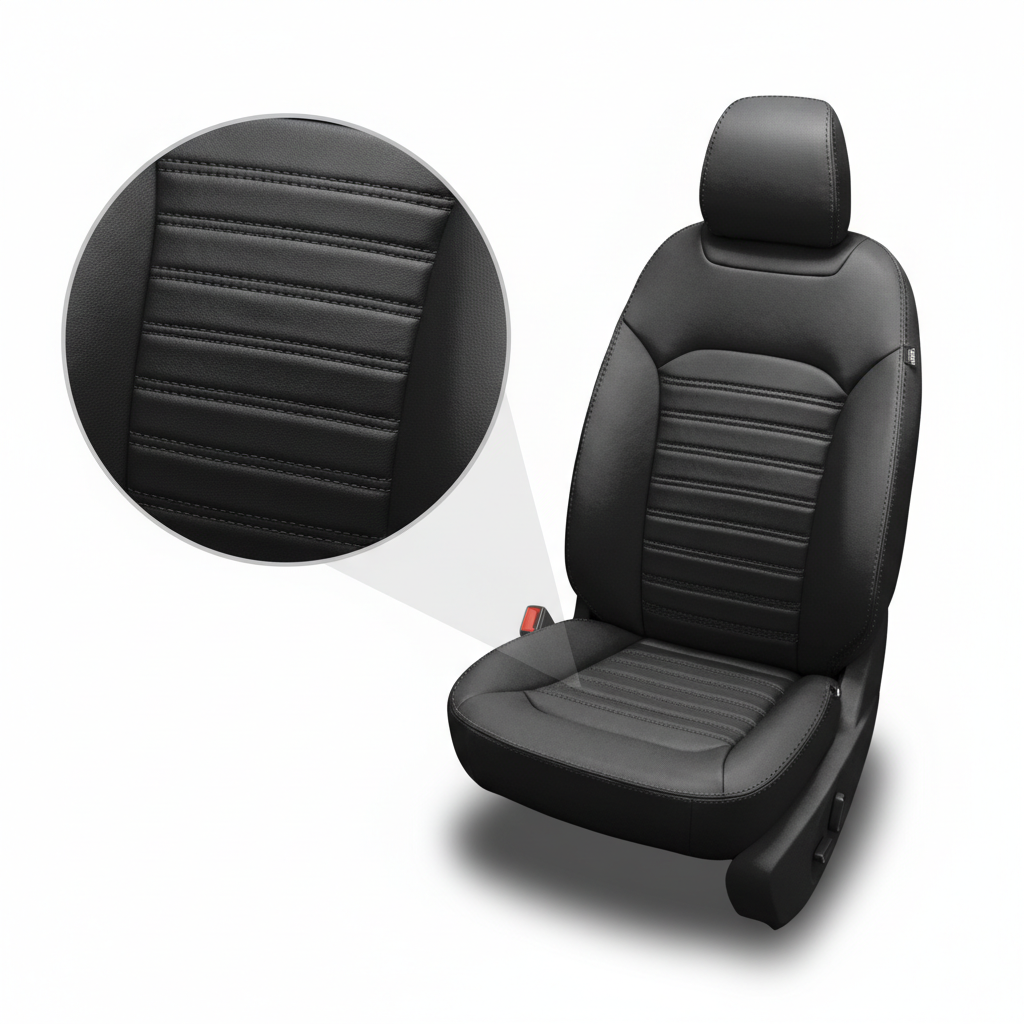 Black car seat cover with detailed stitching on a white background
