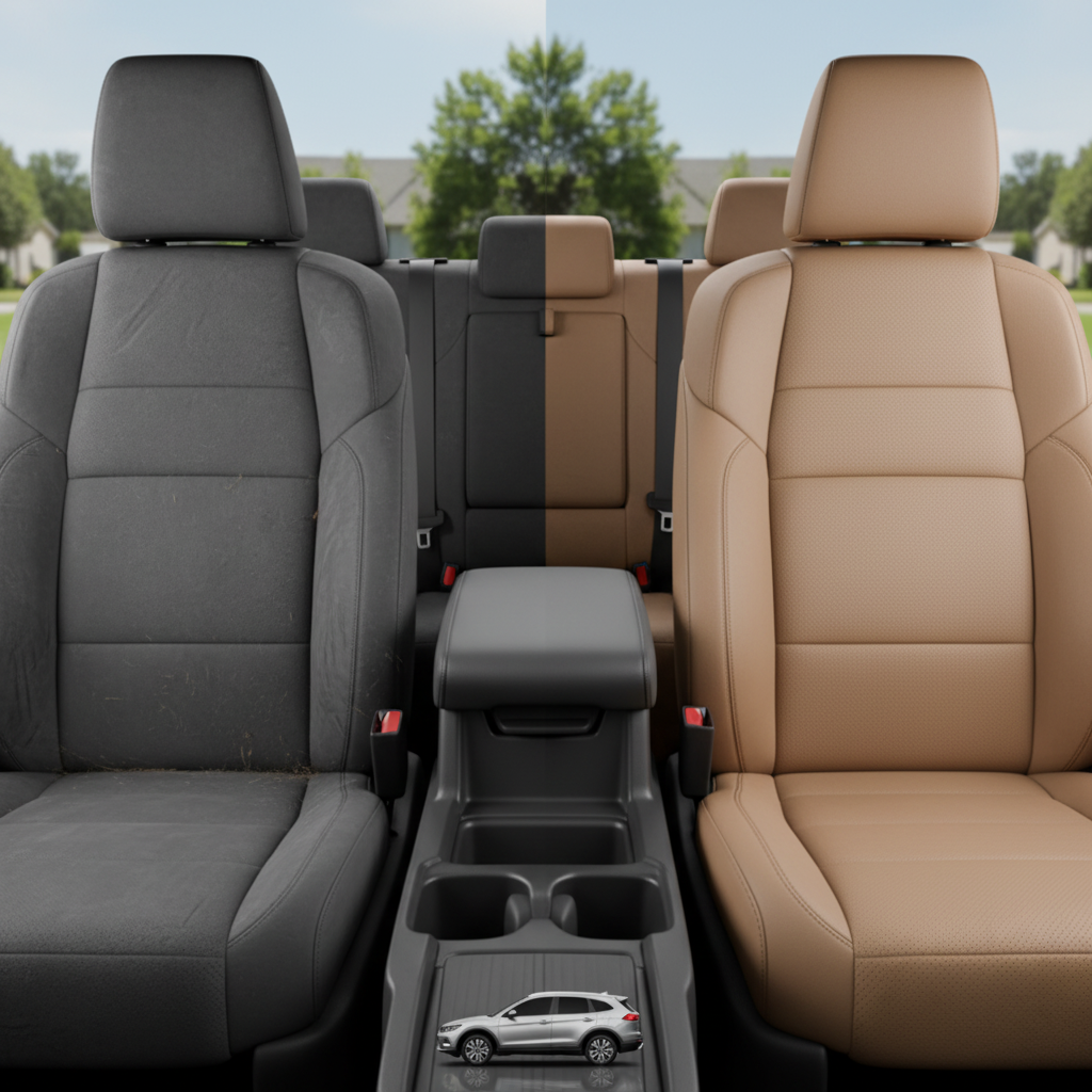 Before-and-after comparison of Hyundai Ioniq front seats, showing cloth seat upgraded to perforated leather upholstery.
