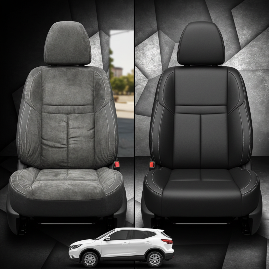 Before-and-after comparison of Nissan Rogue front seats, showing original cloth seat upgraded to perforated leather upholstery.
