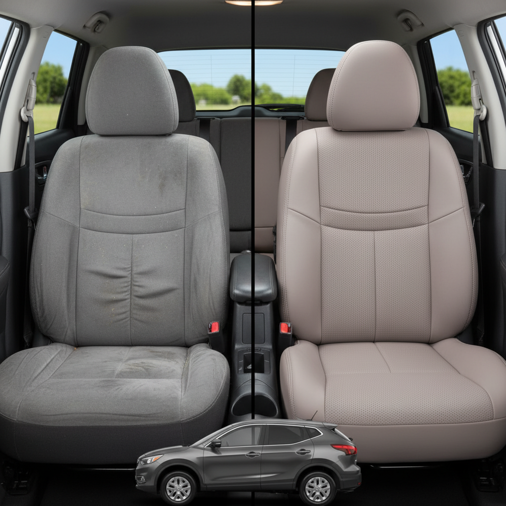 Before-and-after comparison of Nissan Rogue front seats, showing original cloth seat upgraded to perforated leather upholstery.