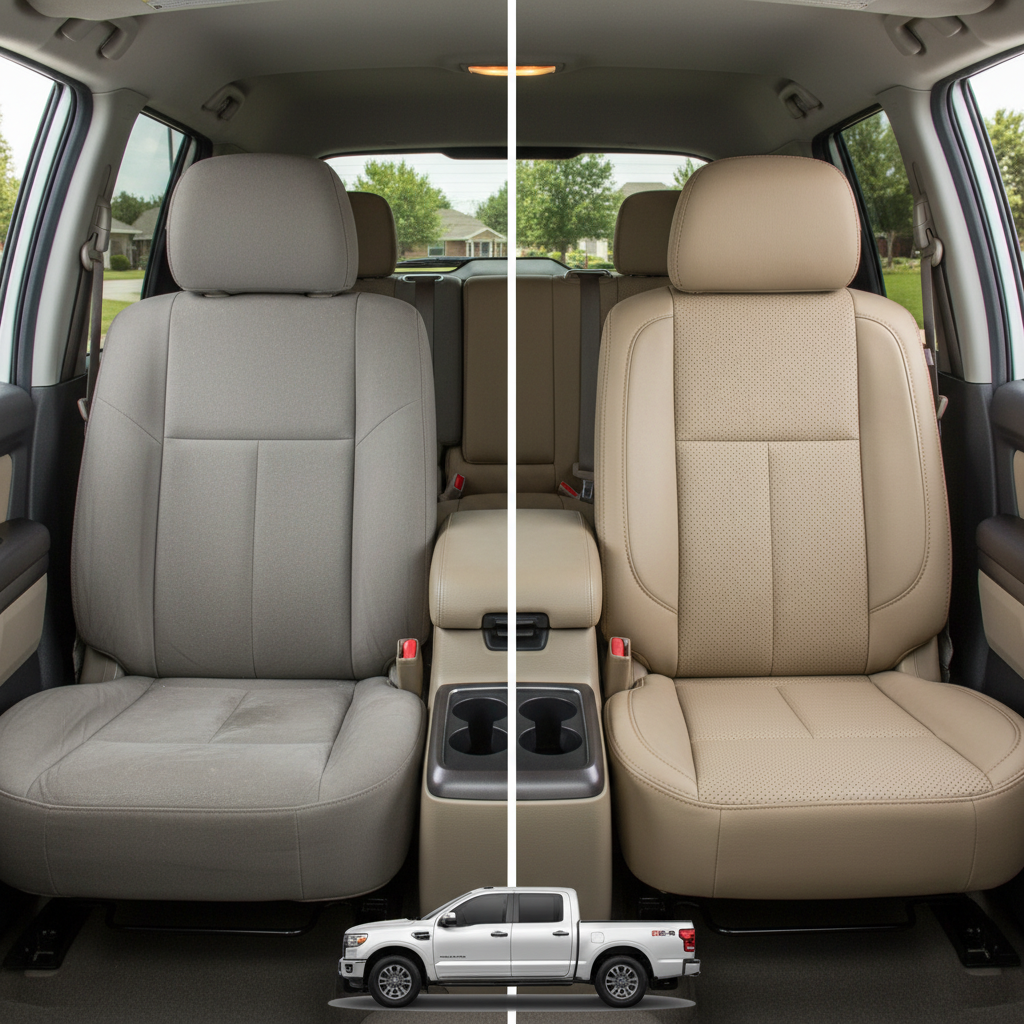 Before-and-after comparison of Nissan Titan front seats, showing original cloth seat upgraded to perforated leather upholstery.
