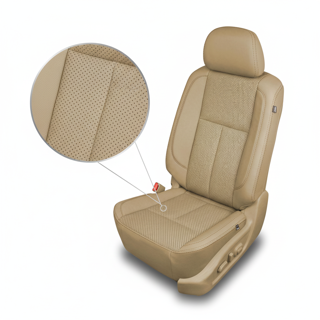 Beige car seat with detailed texture on a white background