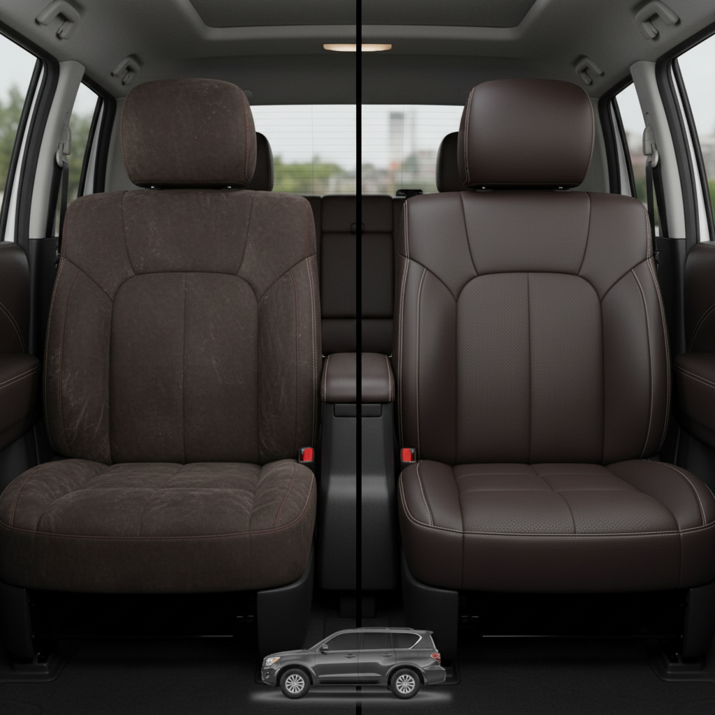 Before-and-after comparison of Nissan Armada front seats, showing original cloth seat upgraded to perforated leather upholstery.
